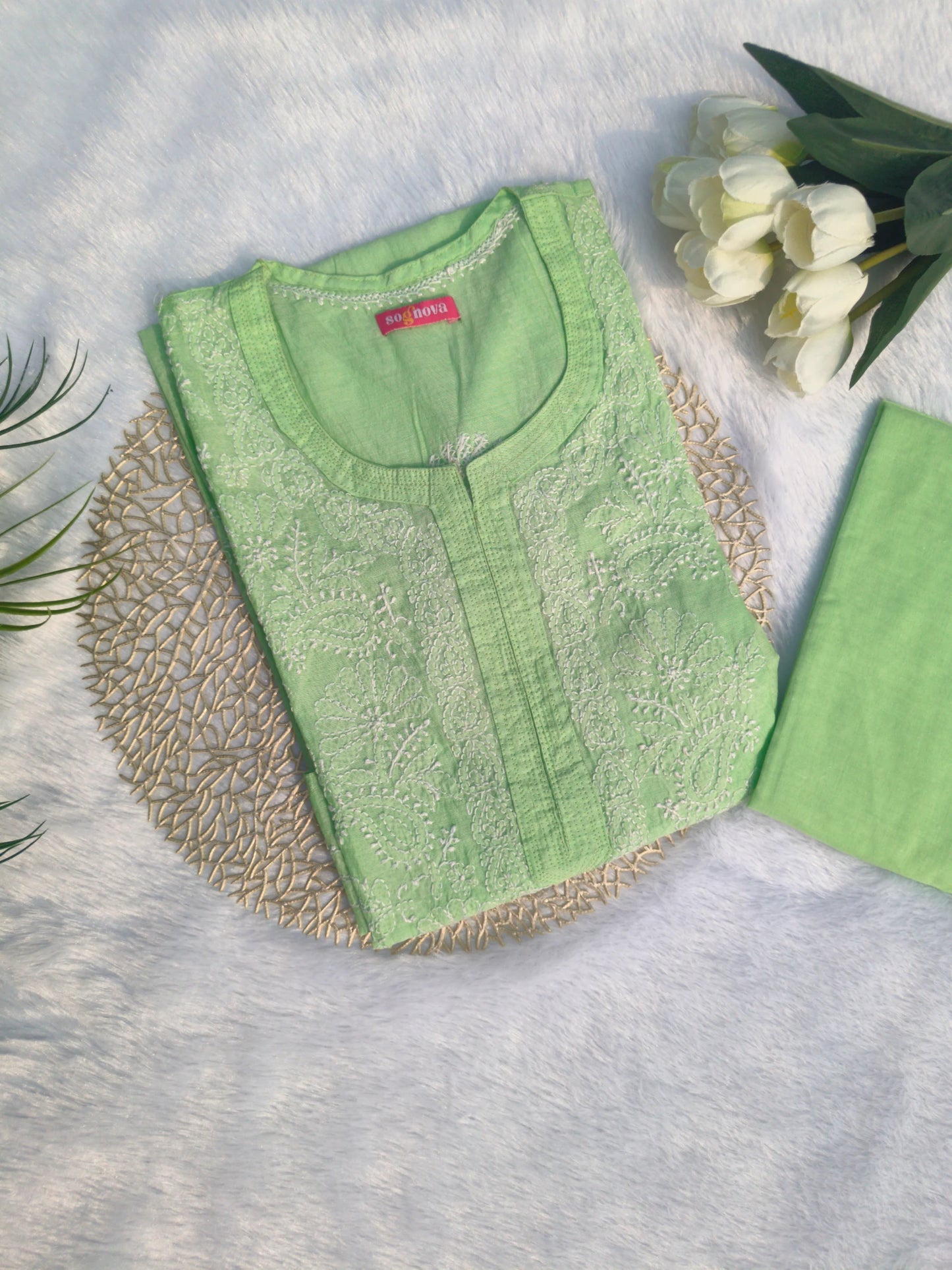 Green Chanderi Chikankari Kurti