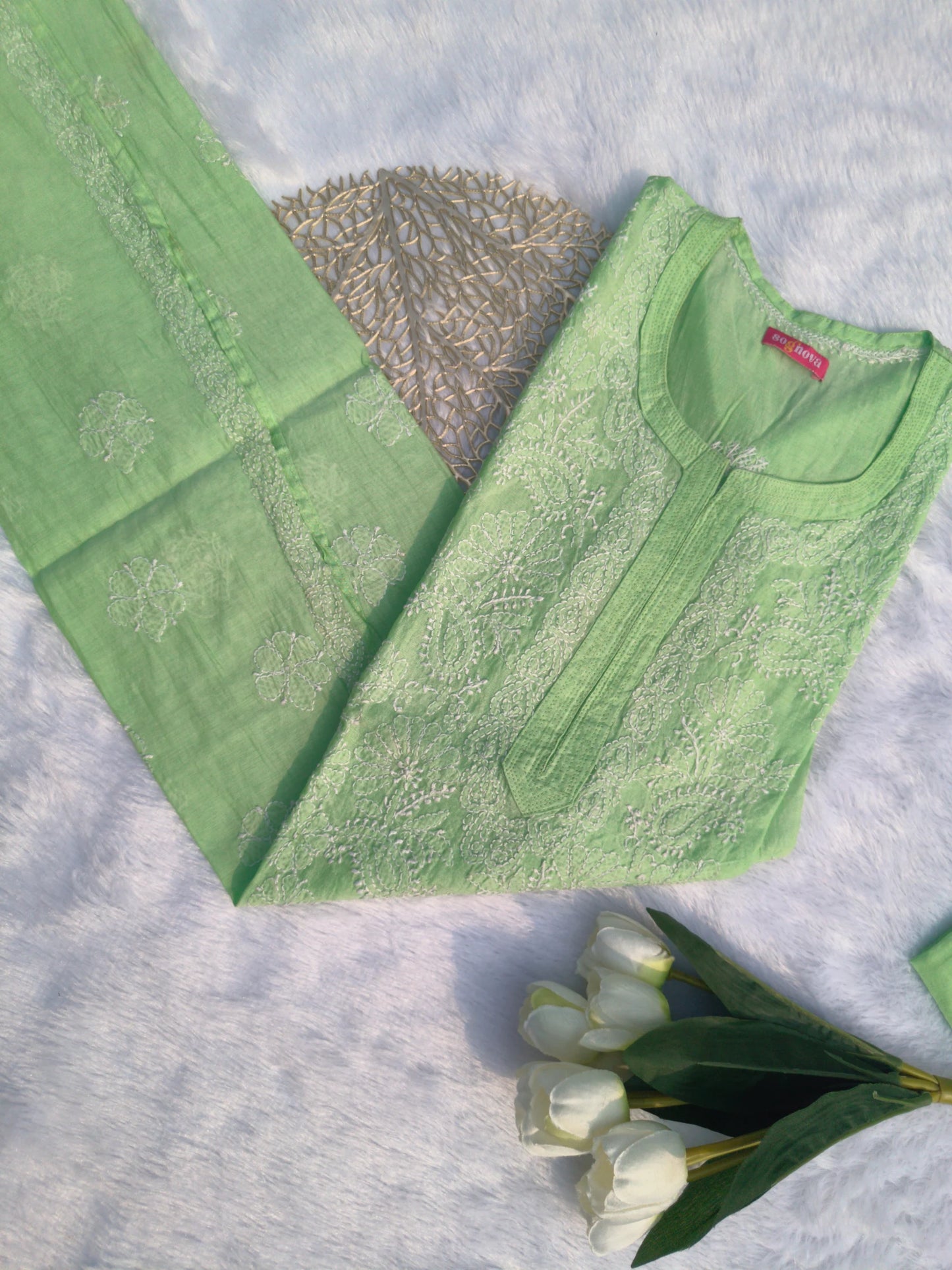 Green Chanderi Chikankari Kurti