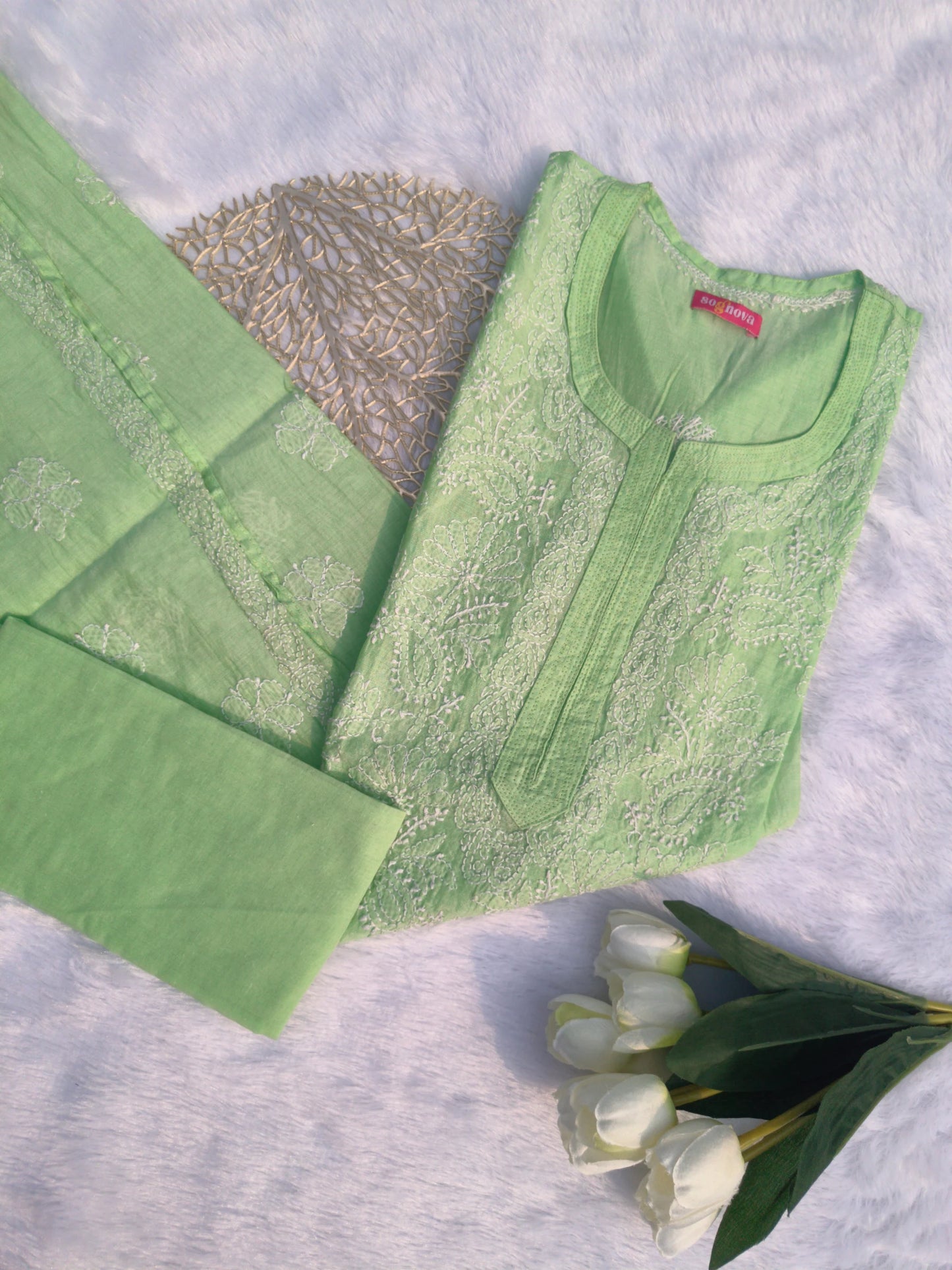 Green Chanderi Chikankari Kurti