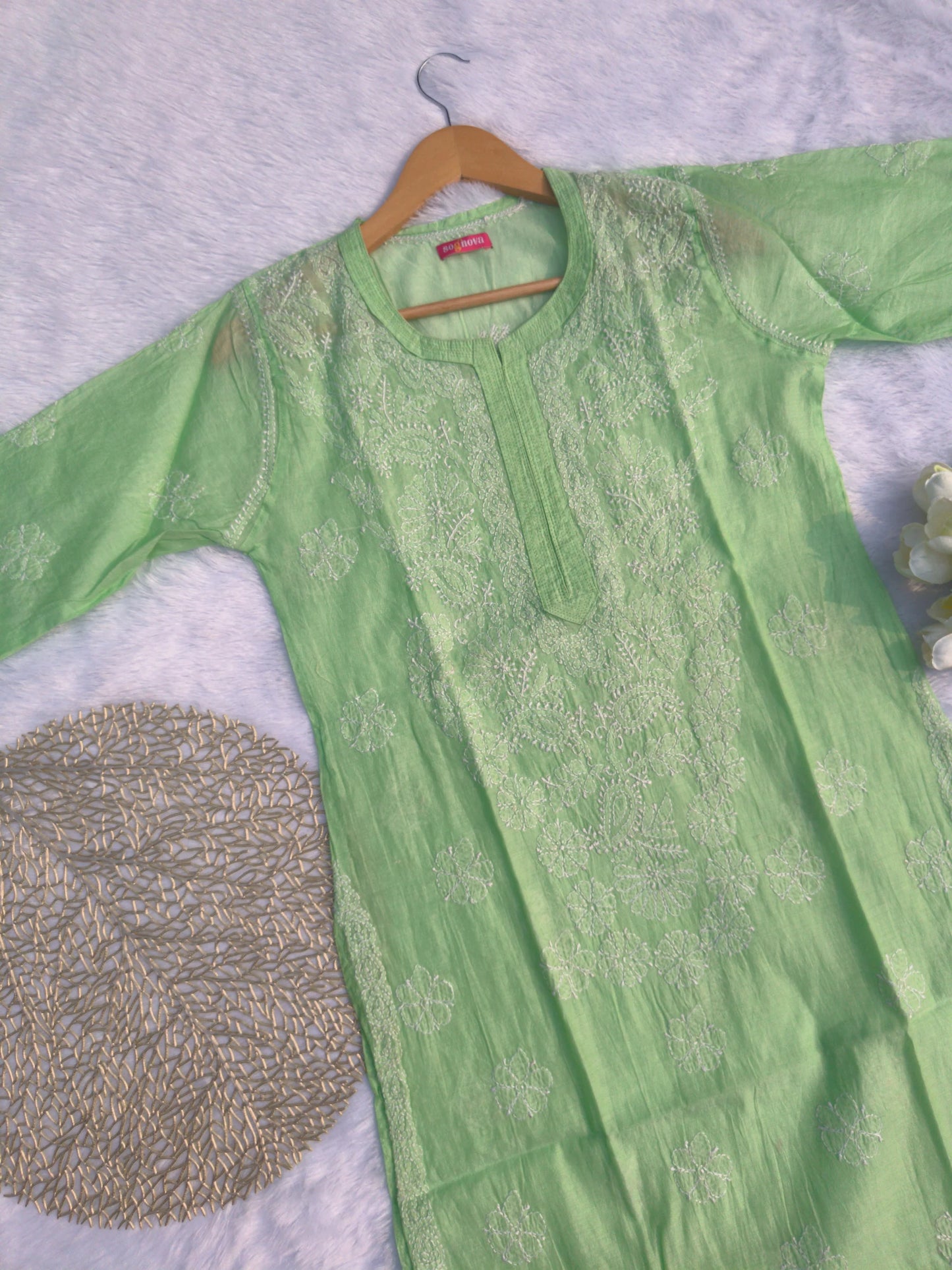Green Chanderi Chikankari Kurti