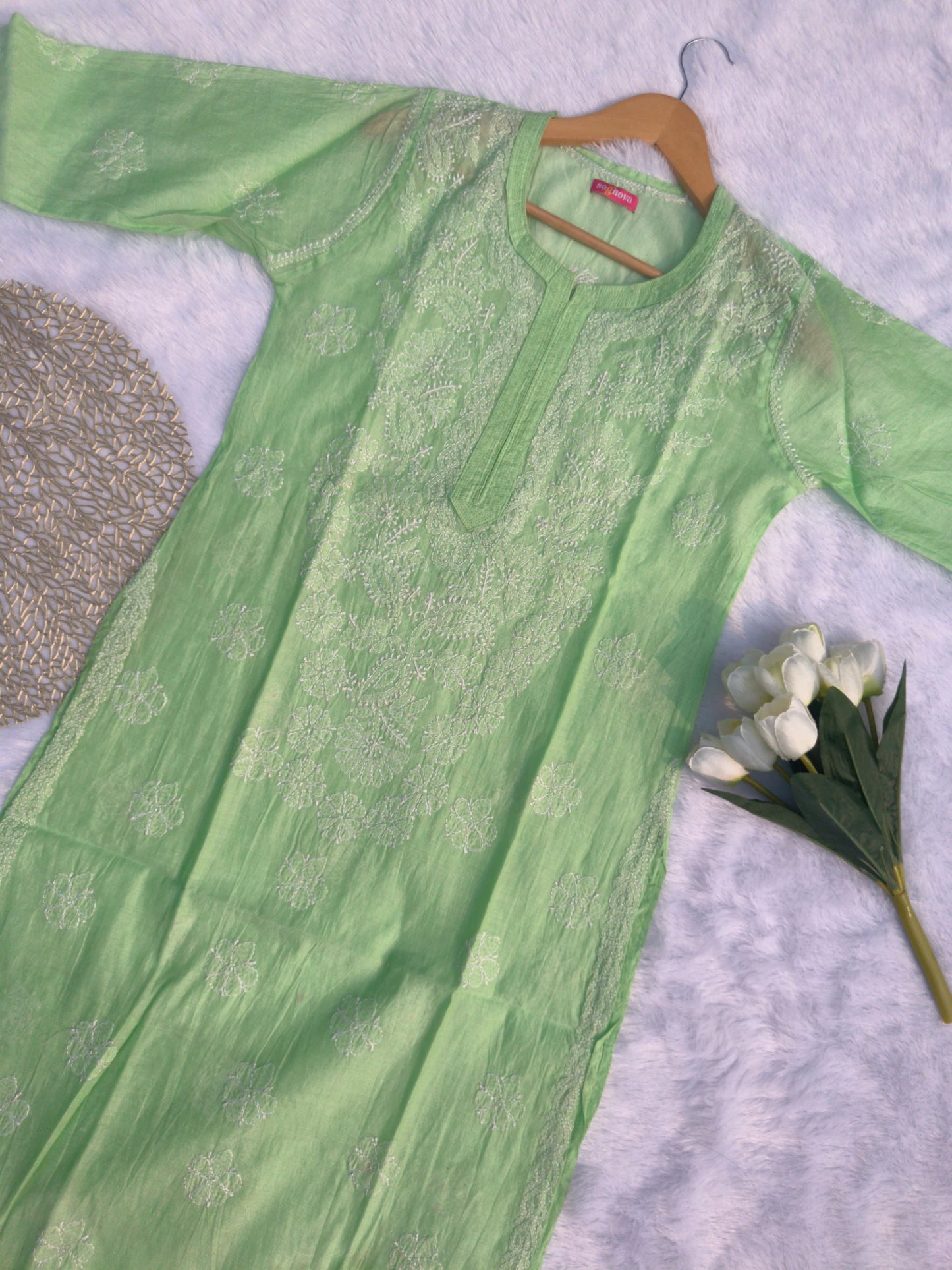 Green Chanderi Chikankari Kurti