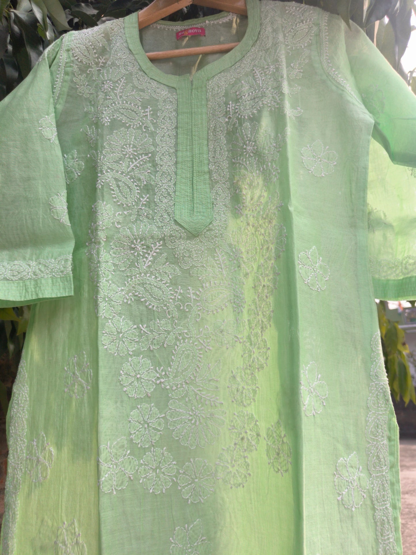 Green Chanderi Chikankari Kurti