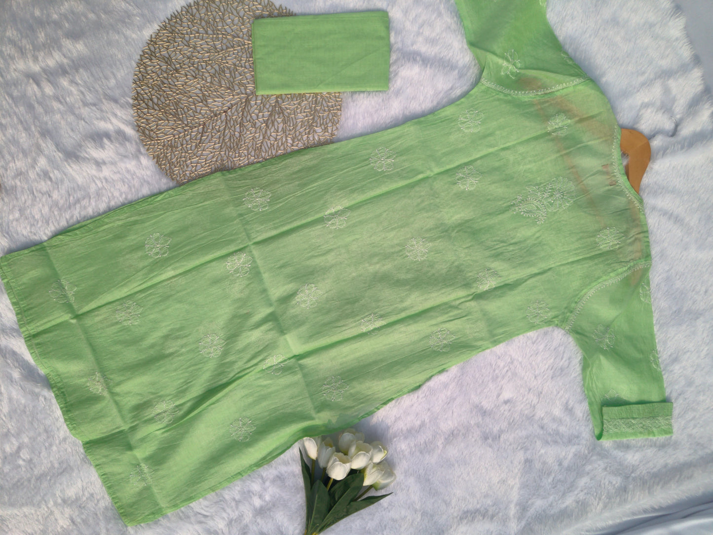 Green Chanderi Chikankari Kurti