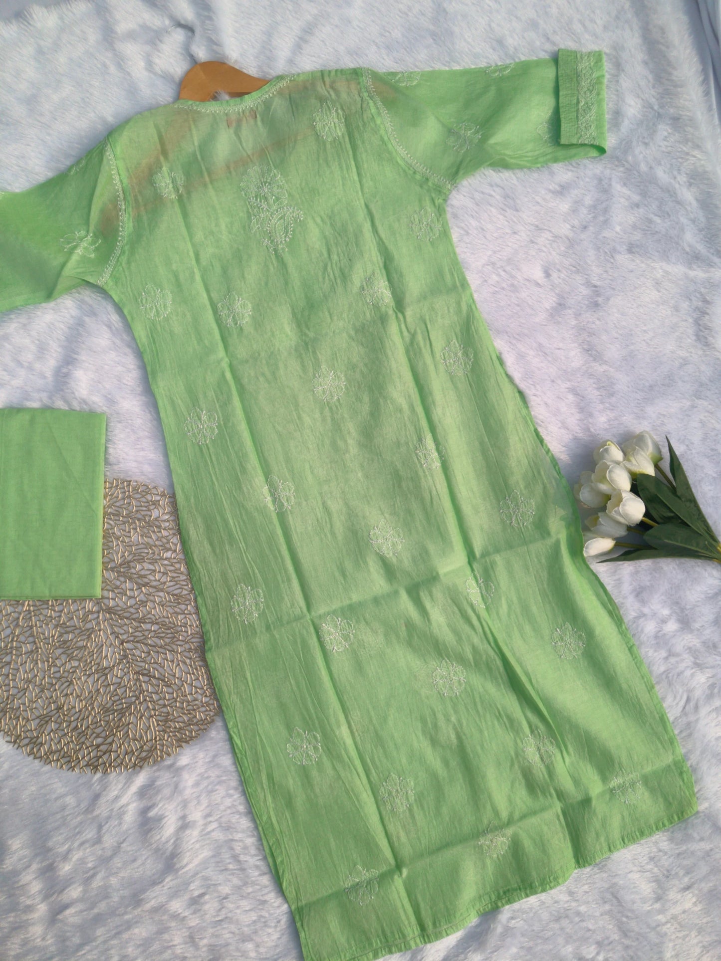 Green Chanderi Chikankari Kurti