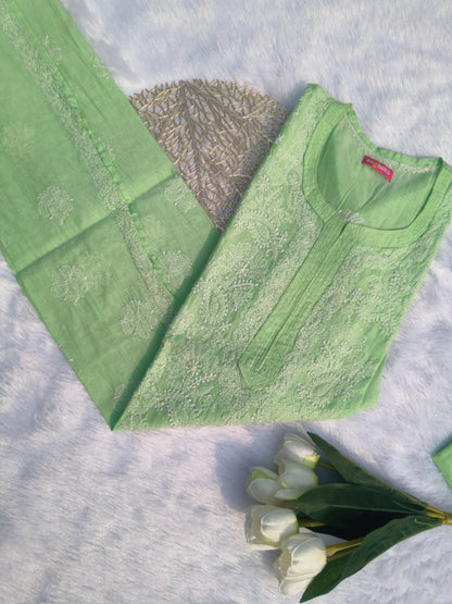 Green Chanderi Chikankari Kurti