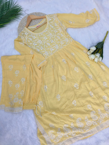 Chikankari Yellow Nyra Cut Kurta Set