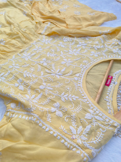 Chikankari Yellow Nyra Cut Kurta Set