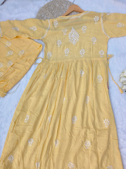 Chikankari Yellow Nyra Cut Kurta Set