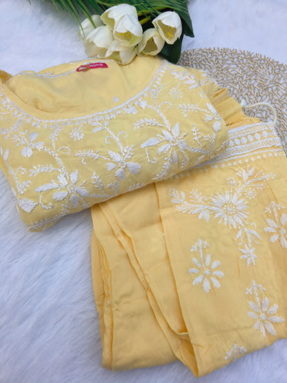 Chikankari Yellow Nyra Cut Kurta Set