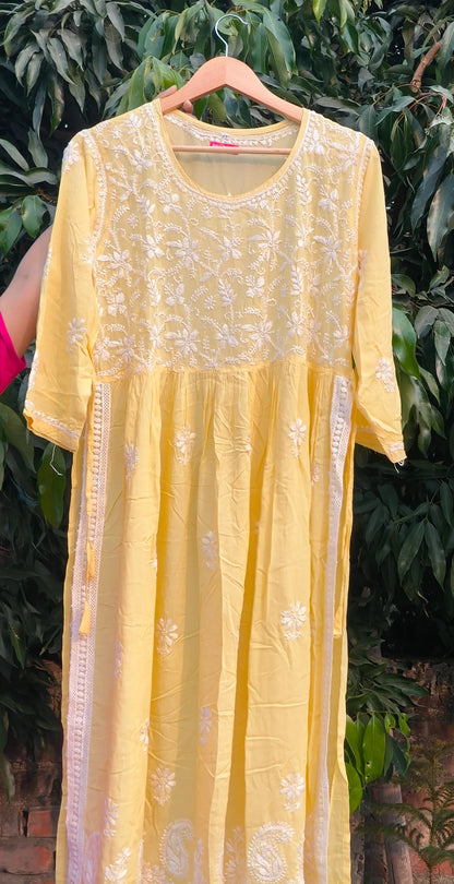 Chikankari Yellow Nyra Cut Kurta Set
