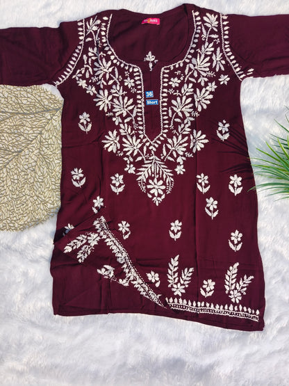 Wine Chikankari Short Kurti
