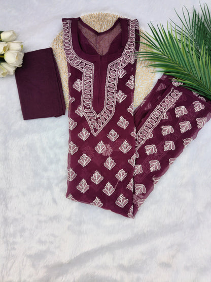 Wine Chikankari Kurti