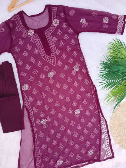 Wine Chikankari Kurti