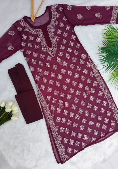 Wine Chikankari Kurti