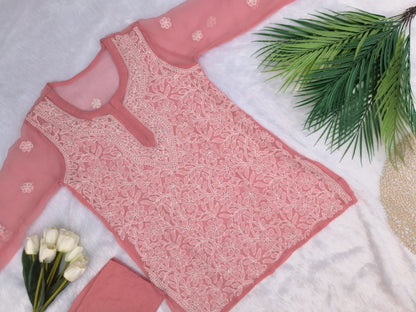 Pink Short Chikankari Kurti