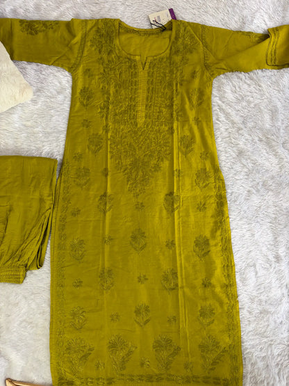 Mehendi Green Chanderi Chikankari Kurta Pant Set