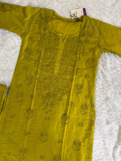Mehendi Green Chanderi Chikankari Kurta Pant Set