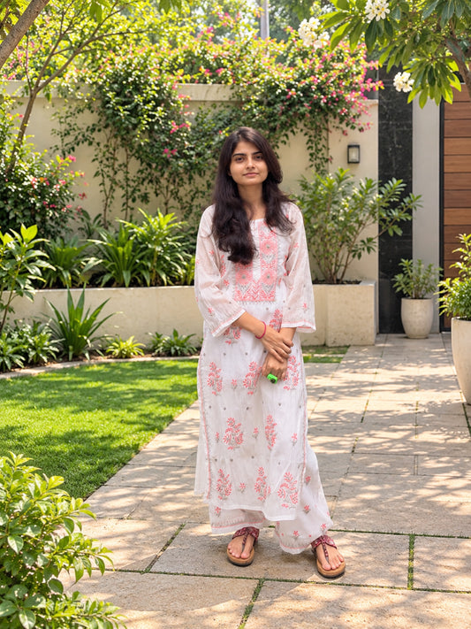 Mul Chanderi Chikankari Kurta Set Dual thread