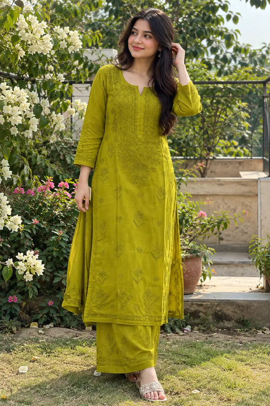 Mehendi Green Chanderi Chikankari Kurta Pant Set