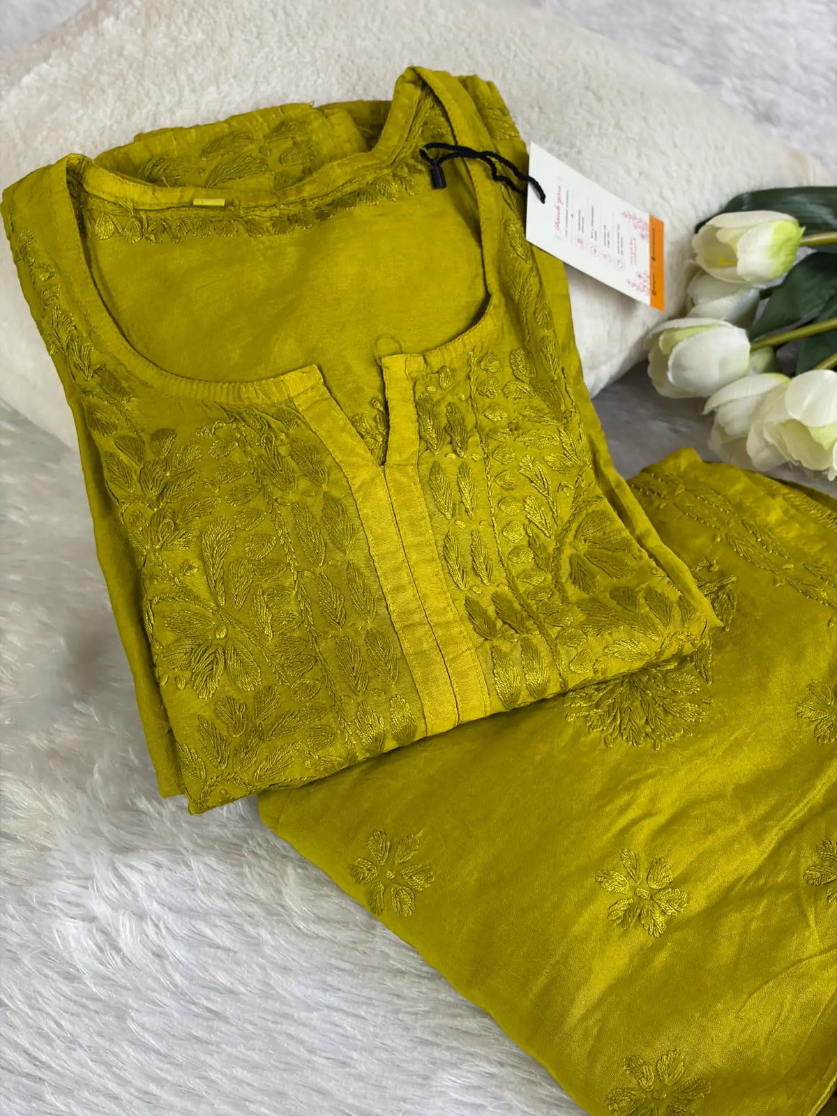 Mehendi Green Chanderi Chikankari Kurta Pant Set