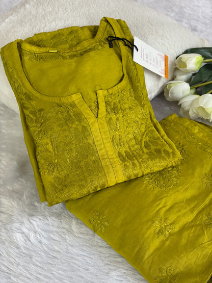 Mehendi Green Chanderi Chikankari Kurta Pant Set