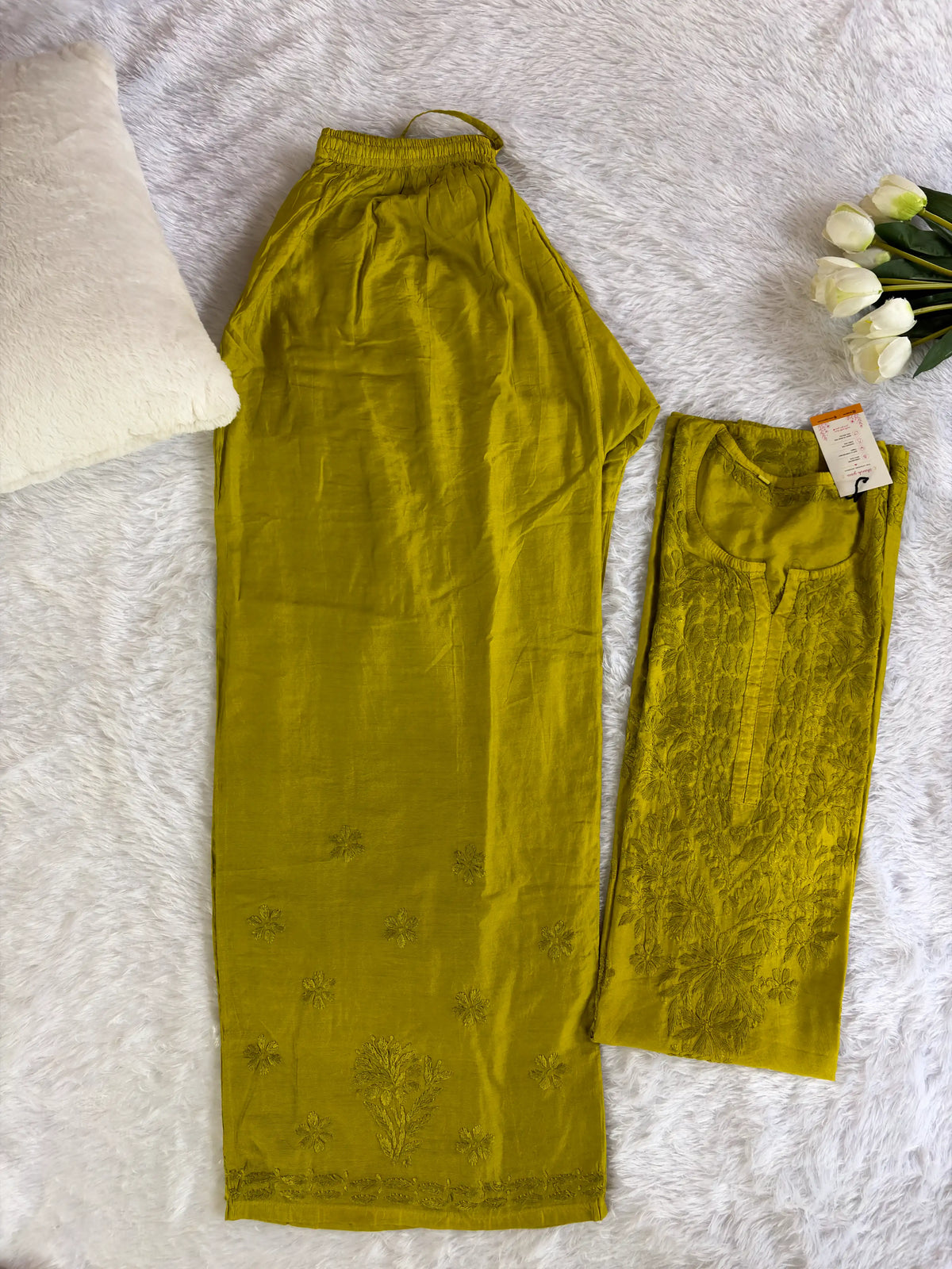 Mehendi Green Chanderi Chikankari Kurta Pant Set