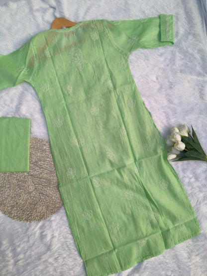 Green Chanderi Chikankari Kurti